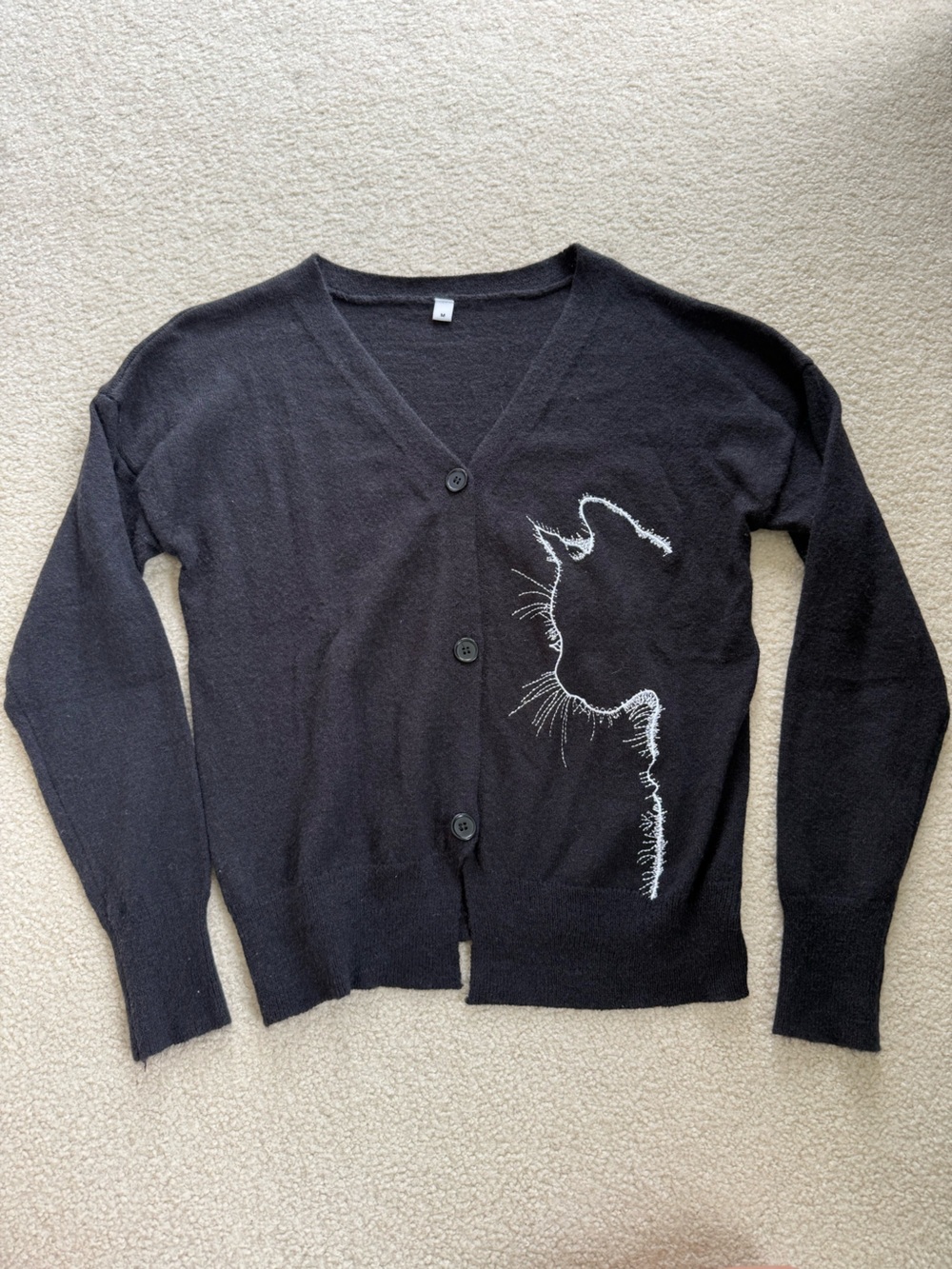 Black V-Neck Button Cardigan with White Embroidered Cat Design